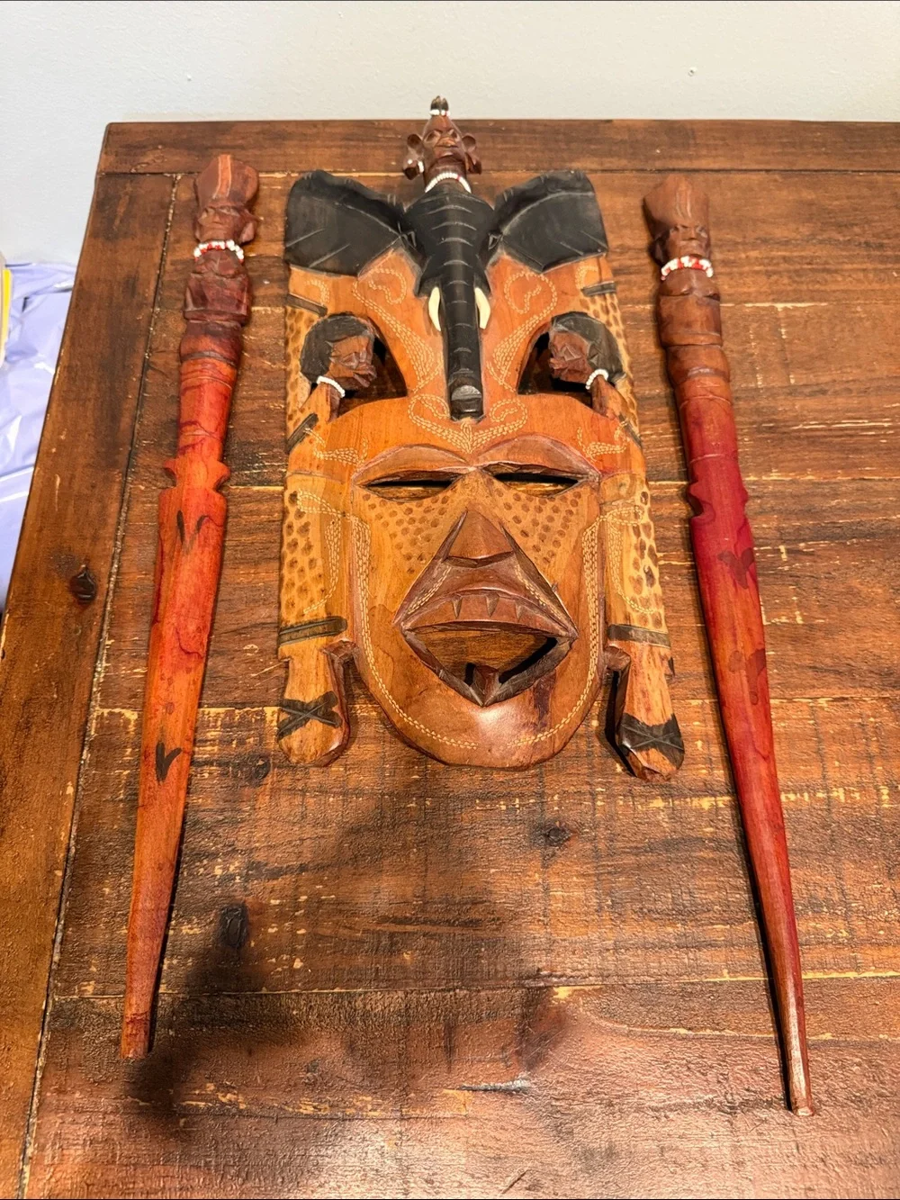 Hand-Carved Wooden Tribal Mask Wall Decor in Brown and Black